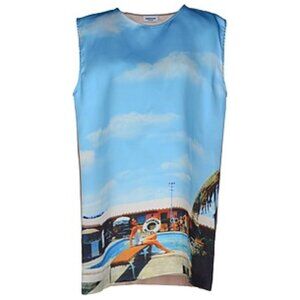 AU JOUR LE JOUR Silk Summer Pool Party Palm Leaves Sky Clouds Printed Dress